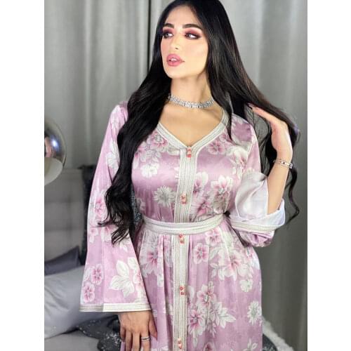 Women Dubai Jalabiya Abaya White Braid Trim Floral Print Long Sleeve Loose Casual Dress Muslim Fashion Arab Morocco Eid Party