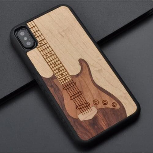 For Iphone 6 s 7 8 plus X Guitar retro style Wooden Craft original fashion Phone Case Handmade For Huawei P10 plus wooden cover