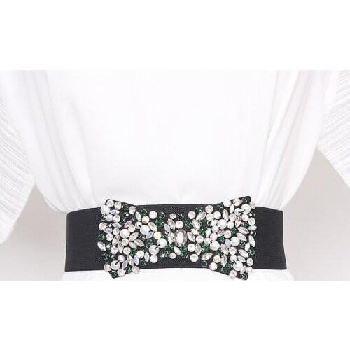 European Designer Rihinestone Bow Waist Belt Women Mixed Colorful Crystal Gem Elastic Wide Waistband Ladies Summer Dress Belts