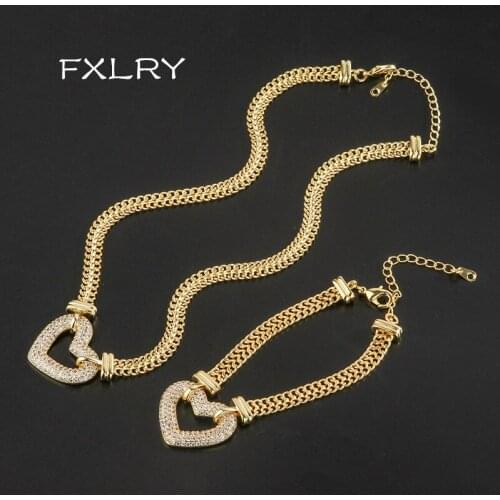 FXLRY Luxury Gold Color Jewelry Set Cubic Zirconia Heart Bracelets Choker Necklace sets For Women Wedding bridal Jewelry