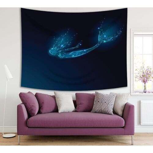 Tapestry Mermaid Diving in Deep Ocean Low Poly Pattern Fantasy Mystic Creature Artwork Blue Green