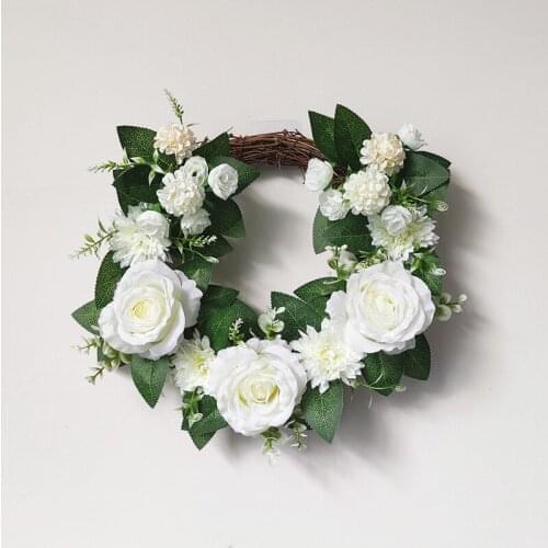Artificial White Rose And Chrysanthemum Flowers Wreath Home Decoration Garland For Christmas New Year