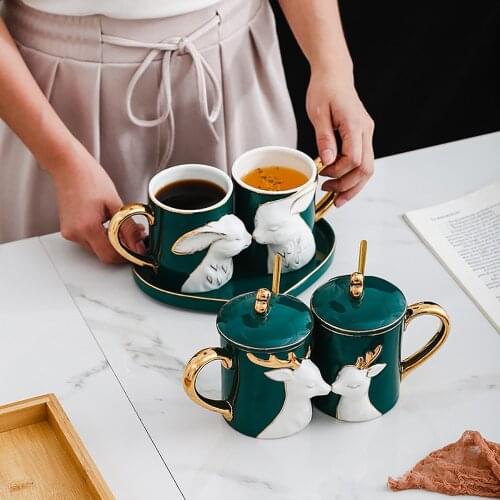 Nordic Couple Mug Solid Color Gold Drawing Coffee Breakfast Cups with Spoon Tray Household Afternoon Tea Dessert Plate for Gift