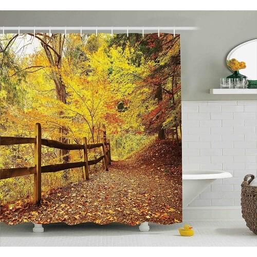 Landscape Shower Curtain Autumn Season Fall Trees Leaves on Pathway to Forest with Fence Photo Fabric Bathroom Decor Set with