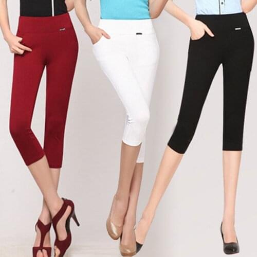 Womens High-waist Leggings Summer Stretch Thin Capris Pencil Pant Plus Size 5xl 6xl Knee Length Trousers Female Black White