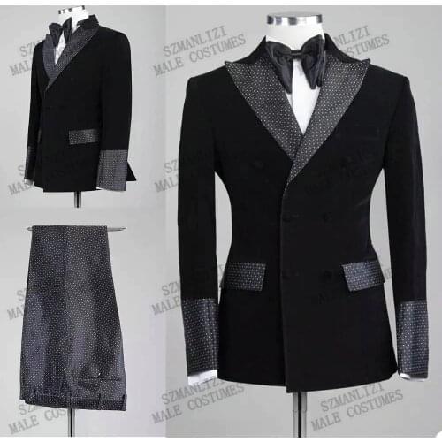 2021 Hot Selling Black Velvet Dots Men Suits Double Breasted For Wedding Slim Fit Groom Tuxedos 2 Pieces Set Suits Jacket Pants