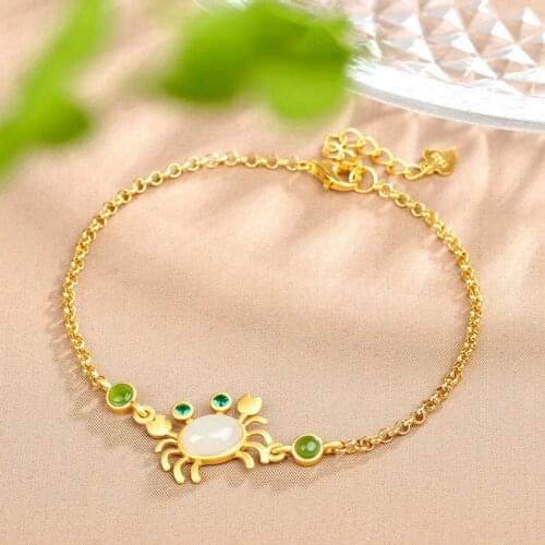 New inlaid with natural Hotan Chalcedony crab Bracelet small fresh and lovely fairy craft gold womens brand jewelry