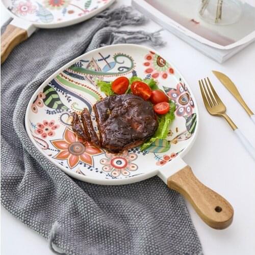 Dinner Plates Dish Steak Salad Tray With Wooden Handle Christmas Steak Plates Home Decor Oval Dishes Tableware