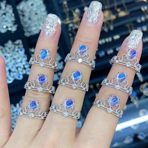 925 Sterling Silver Pear Shape Blue Natural Moonstone Ring Engagement Wedding Crown Ring