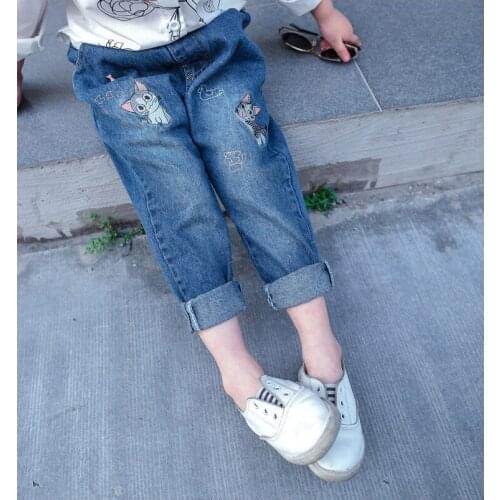 2-10T Girls Clothing 2018 Autumn Cartoon Cat Embroidered Girls Jeans Long Denim Pants Fashion Blue kids Girls Trousers
