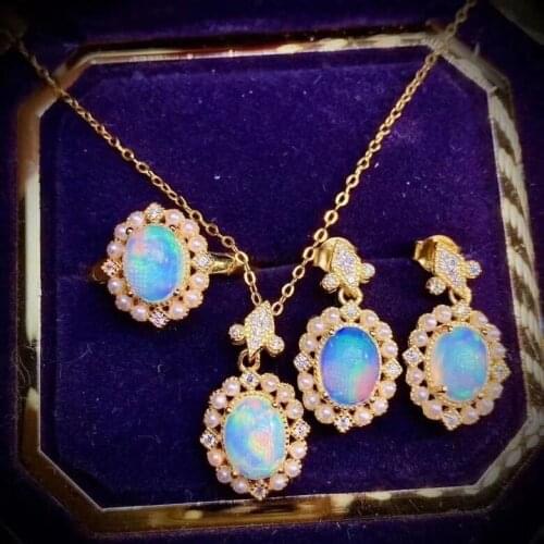 ROLILASON Live broadcast of new imitation natural opal ring luxury temperament Pendant Jewelry Set Earrings Necklace JE1241