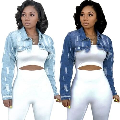 2021 spring womens sexy ripped denim jacket retro casual short denim jacket female jacket streetwear