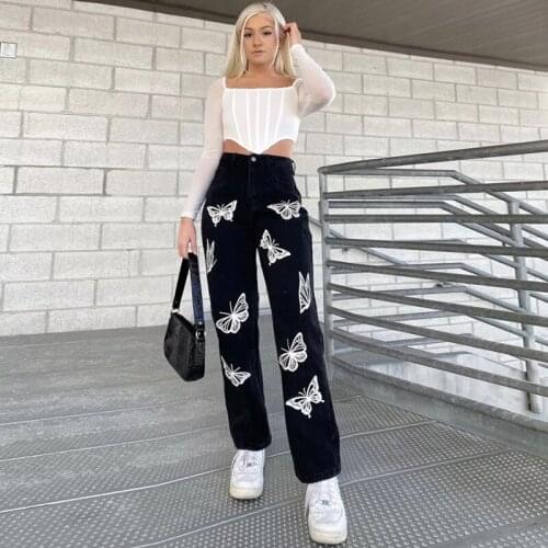 2021 Women Hip Hop Butterfly Printed Jeans Fashion Vintage Y2K Black Denim Pants Spring Streetpants Female Fall Trousers P065