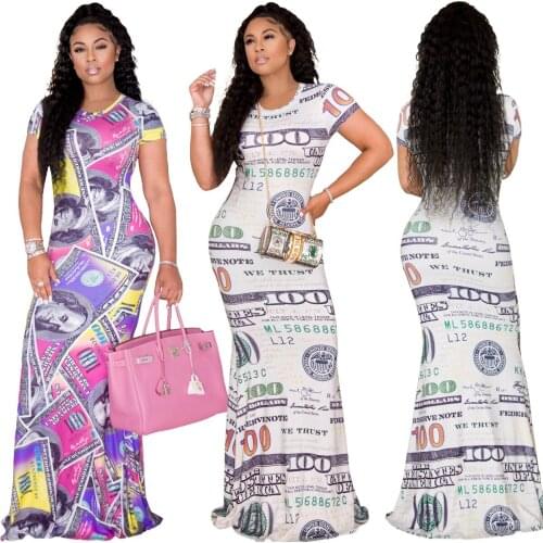 1L255 Autumn Winter Women Casual Fashion U.S. Dollar Print Short Sleeve Buttocks Dress Vestidos Plus Size Hot