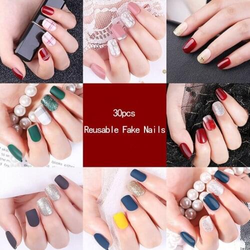 30pcs Detachable False Nail Artificial Tips Set Full Cover for Short Decoration Press on Nails Art Fake Extension Tips with Glue