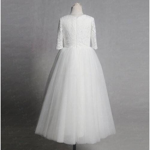 White A-Line Flower Girl Dress Wedding Party Lace Top Tulle Half Sleeve Girls First Communion Dress