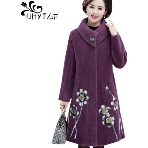UHYTGF Quality mink cashmere autumn winter wool coat women embroidered noble cashmere warm long jacket thick plus size coats 633