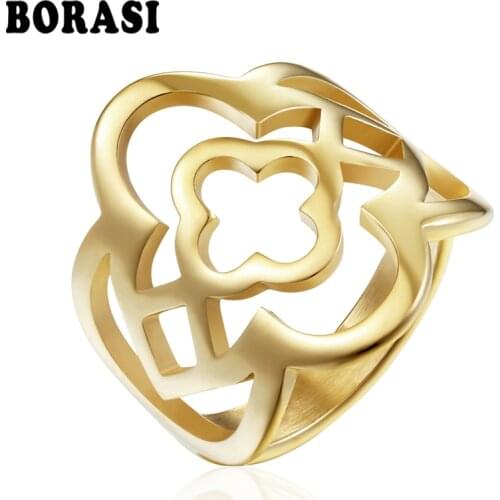 BORASI Flower Pattern Stainless Steel Rings Gold Color Rings Jewelry Aneis Anillos Bague Women Rings For Party Wedding Bands New
