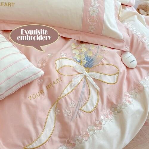 100% Cotton Pink Blue Embroidery Bedding Set Fabric Linens Silky Bed Linen Quilt Set Twin Size Bedding Duvet Cover King Size