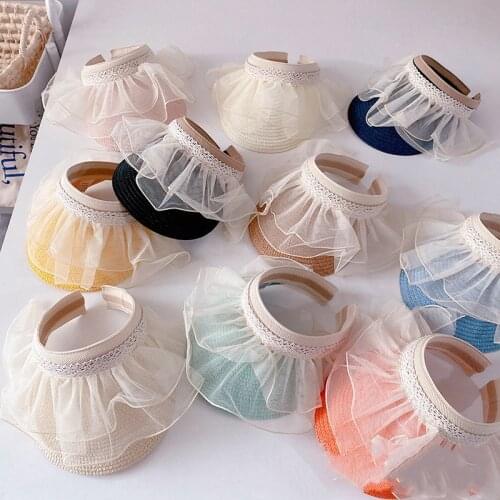 Summer cute girls fashion lace patchwork straw hat visors kids fashion peaked cap sunhats