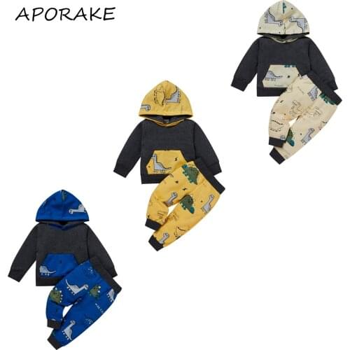2021 0-3Y Casual Kids Baby Boy Clothes Cartoon Dinosuar Print Patch Pocket Long Sleeve Hooded Sweatshirt+Harem Pants Fall 2pcs