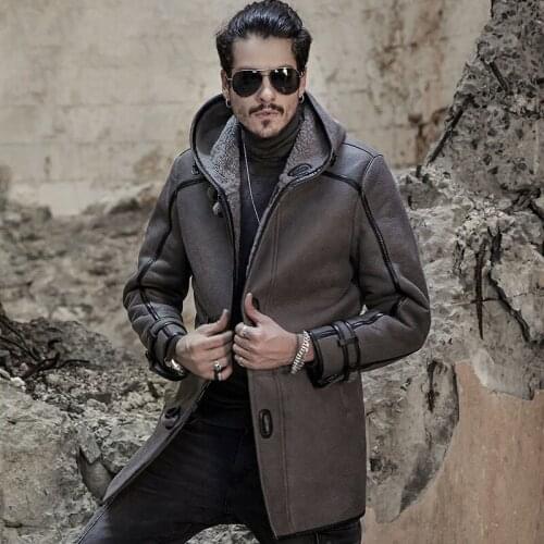 Genuine Leather Jacket Men Real Leather Coat Retro Vintage Shearling Sheepskin Fur Coats Mid Long with Hood Mens Leather Jacket