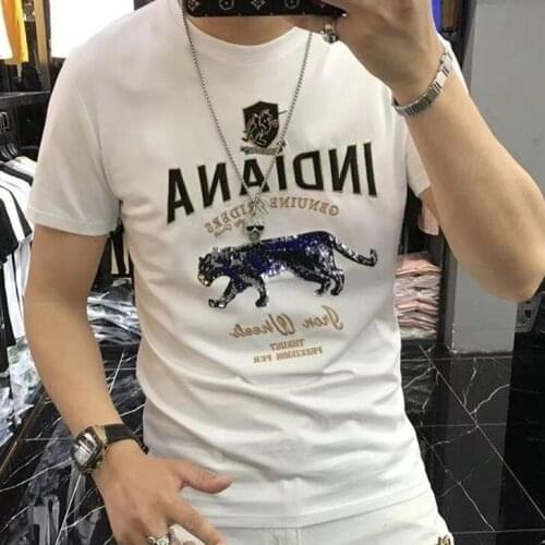 2021 Summer New Mens Printed Embroidered T-shirt Casual Fashion Leopard Sequin Short Sleeve
