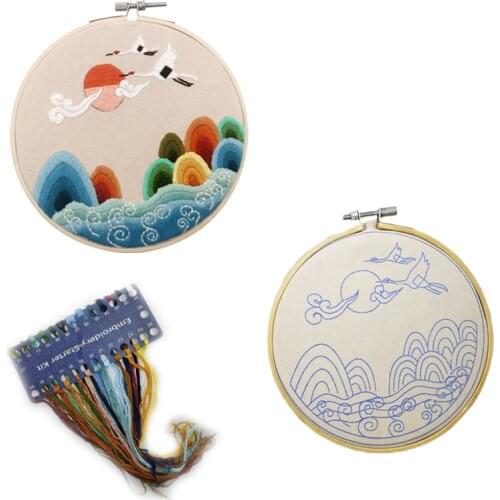 Chinese DIY Crane Embroidery Kit Pattern Printed Cross Stitch with 15cm Embroidery Hoop Needlework Sewing Art Craft Decor