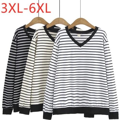 New 2021 Ladies Spring Autumn Plus Size Tops For Women Large Long Sleeve Cotton White Stripe V-neck T-Shirt 3XL 4XL 5XL 6XL
