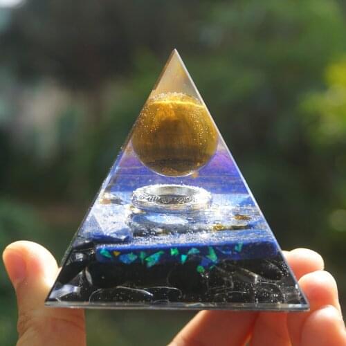Handmade Orgonite Pyramid 60mm Tiger eye Crystal Ball Lapis Lazuli Obsidian Quartz HEALING Reiki Orgone Chakra EMF Protection