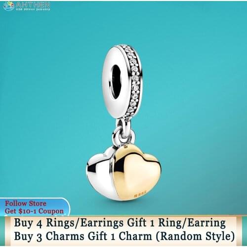 Ahthen 925 Sterling Silver Beads Two-tone Double Heart Dangle Charm fit Original Pandora Bracelets Women Jewelry Making Gift