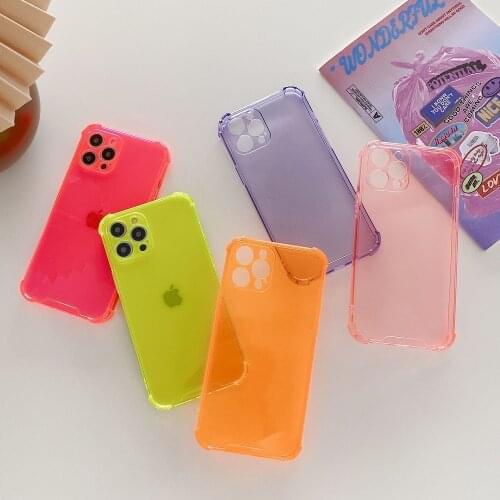 Shockproof Fluorescent Color Clear Phone Case For iPhone 11 12 Pro Max XS X XR Max Mini 7 8 Plus SE 2020 Soft Bumper Back Cover