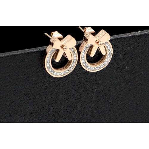 Fashion jewelry cute bow crystal circle rose gold girls earrings titanium steel earrings for women gift wholesale
