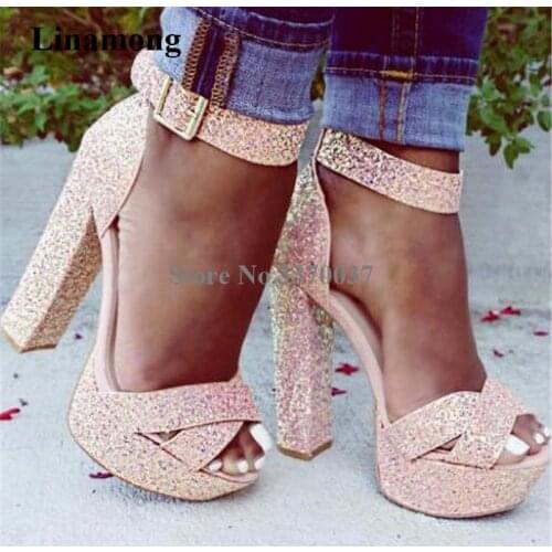 Bling Bling Women Fashion Peep Toe Sequined High Platform Chunky Heel Sandals Pink Black Shining High Heel Sandals Dress Heels