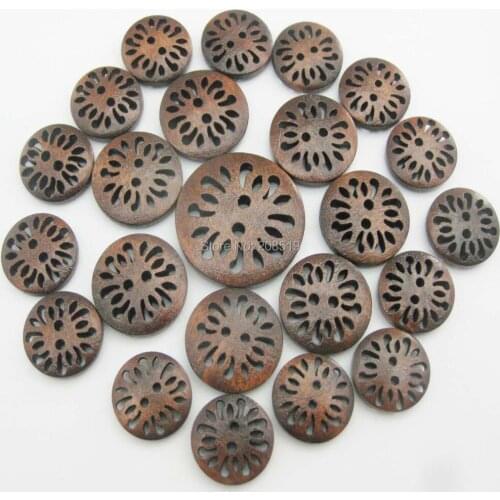 WBNVAS Multisizes 100pcs Fashion Buttons Dark Brown Hollow Engraved Wood Sewing Buttons Garment Accessories