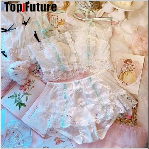 Japanese underwear Lolita French retro lace ribbon front button flower rimless girl bra set