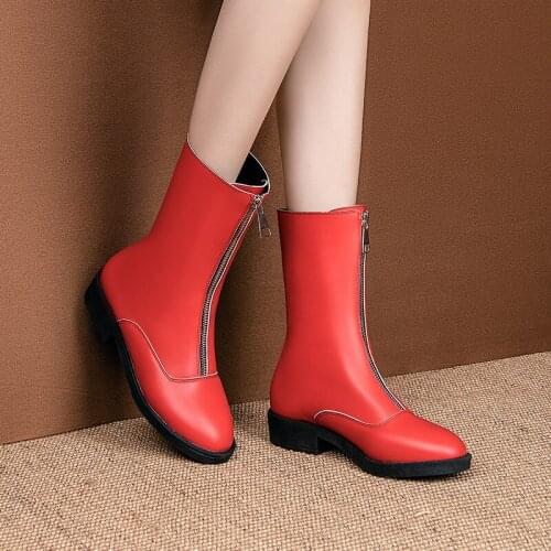 YMECHIC 2019 Fashion Autumn Winter Mid Calf Chunky Heels Womens Boots Red Black White Front Zipper Woman Shoes Bootie Footwear