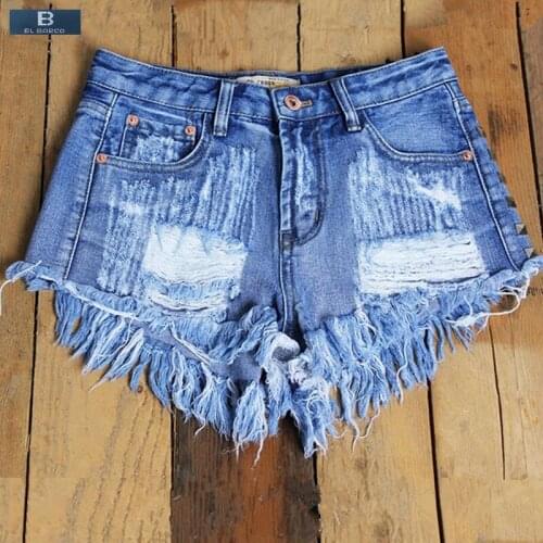 [EL BARCO] New Arrival Rapped Hole Rivet Summer Women Denim Shorts Cotton Sexy Fitness Pocket Blue Female Casual Jeans Trousers