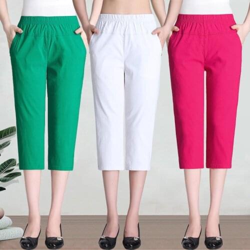 Womens Summer Capris Plus Size Ankle Length Straight Pants Solid Color High Elastic Waist Pockets Pants Casual Trousers