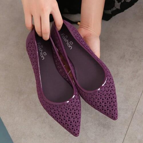 Summer Casual Fashion Shallow Hollow Women Beach Sandals Cover Heel Flat Heels Pointed Toe Cut Out Mesh Lady Jelly Shoes 190829