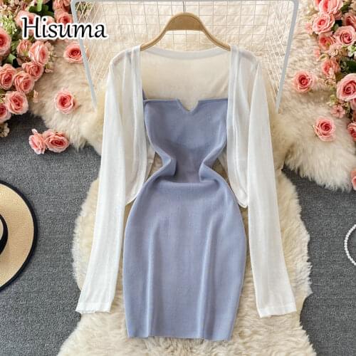 2021 autumn new female V neck knit shawl cardigan + strap sheath sweater dress two-piece sets women knitted suits