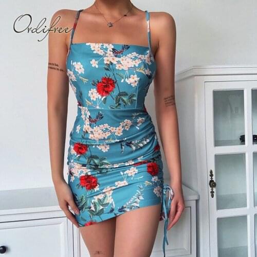 Ordifree 2020 Summer Vintage Women Sexy Floral Dress Spaghetti Strap Sexy Backless Bodycon Mini Dress