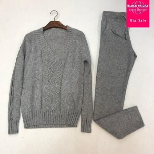 Winter 30%Woolen +45% Cashmere Knit warm Suits V-neck cashmere wool Sweater + Mink Cashmere Trousers Leisure Two-piece wq354