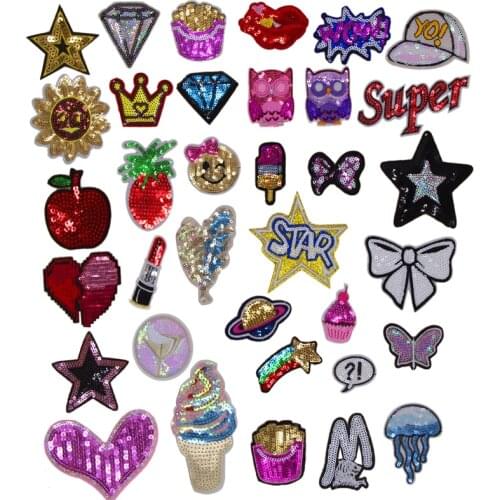 New arrival 10 pcs Star Bow Crown Owl Fruit sequins Embroidered patches iron on cartoon Motif Applique hat bag shoe accessory