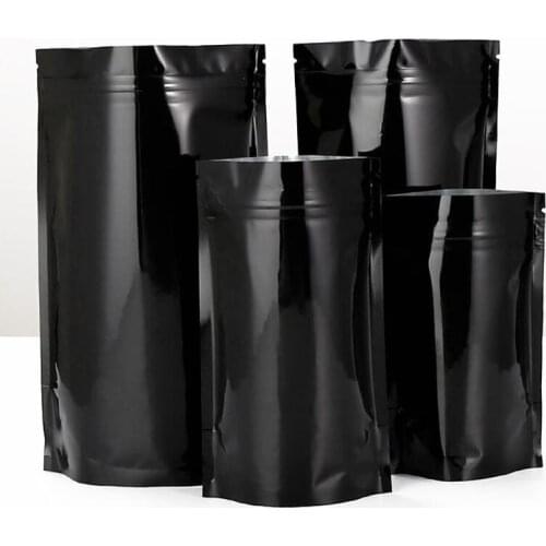 100Pcs Stand Up Black Printing Ziper Lock Gift Packing Bags Glossy Mylar Foil Pouches Flat Bottom Power Aluminum Packaging Bag