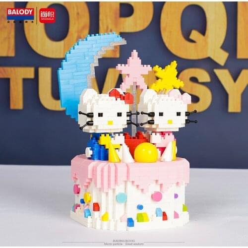 1017PCS+ Mini Bricks Cartoon Cute Cat Birthday Cake Micro Building Blocks Toys For Children Friend Gift 18232