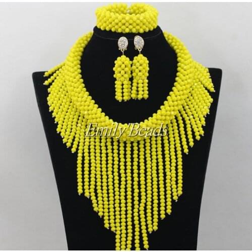 2015 Fashion Opaque Yellow African Crystal Beads Necklace Set Nigerian Wedding African Beads Jewelry Set Free shipping AMJ730