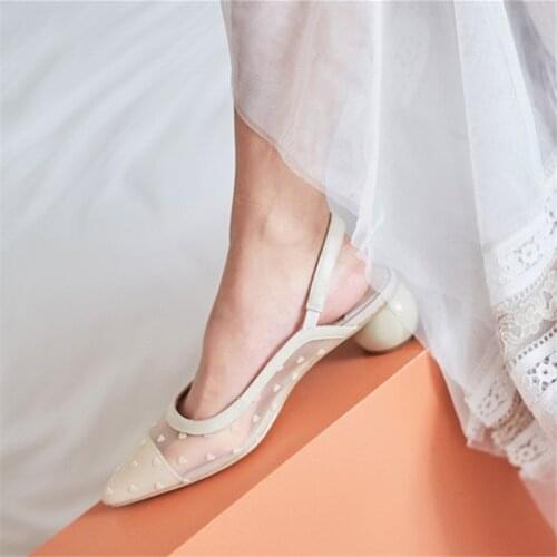 2020 Spring New Round Heel Slingbacks Elegant Nude Black Mesh Pumps Heart Insert Pointed Toe Shoes Women High Heels