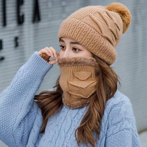 2021 2pcs Ski Cap & Scarf Warm Leather Warm Winter Hats Men Women Knitted Hats Cap Warm Cap Skullies Beanies
