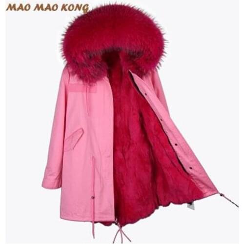 2020 Winter New Women Coat Real Rex Rabbit Fur Liner Jacket Long Slim Parkas With Large Raccoon Fur Collar Hooded Brand Style